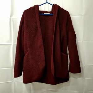 Plush Fleece Burgundy Hooded Open Front Cardigan with Pockets